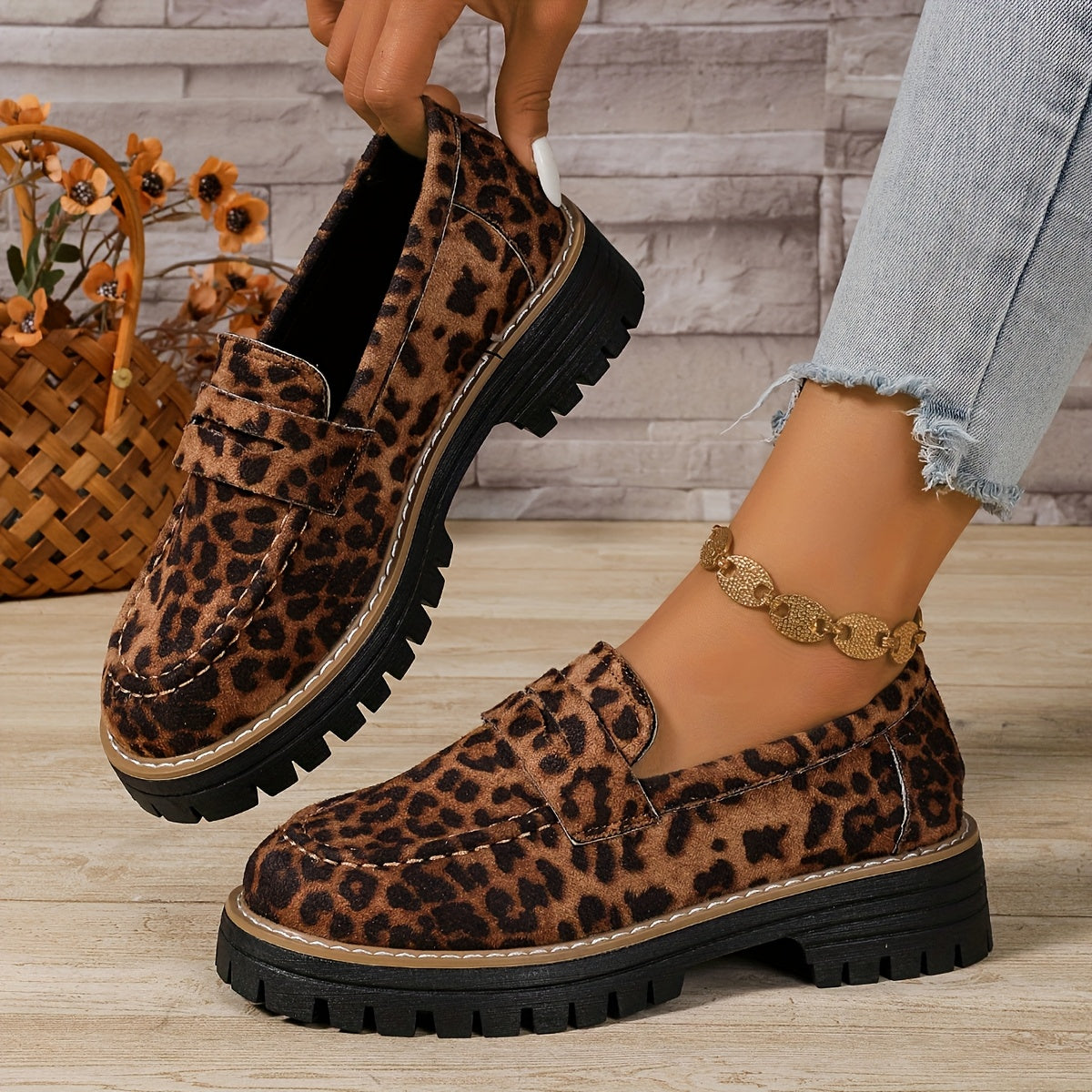 Women's Leopard Print Platform Loafers Wide Fit Casual Flat Shoes