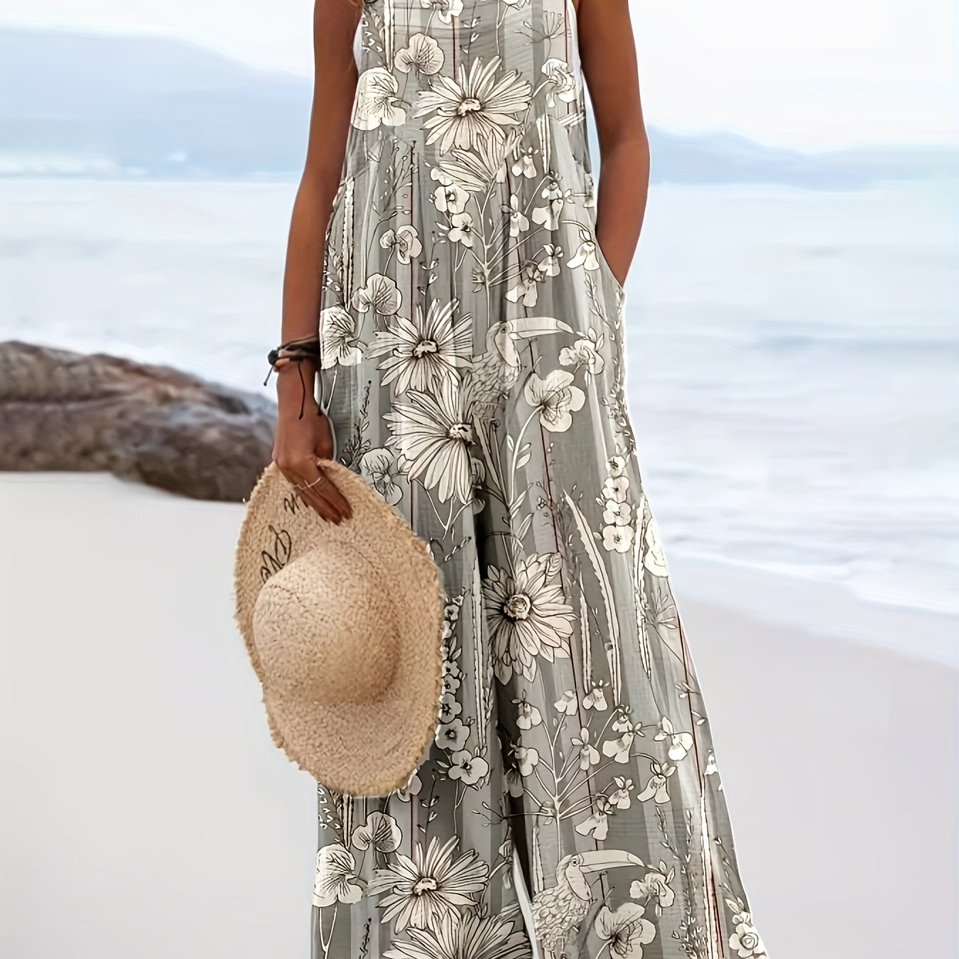 Women's Floral Print Wide-Leg Pants Lightweight Breathable All-Season Beachwear