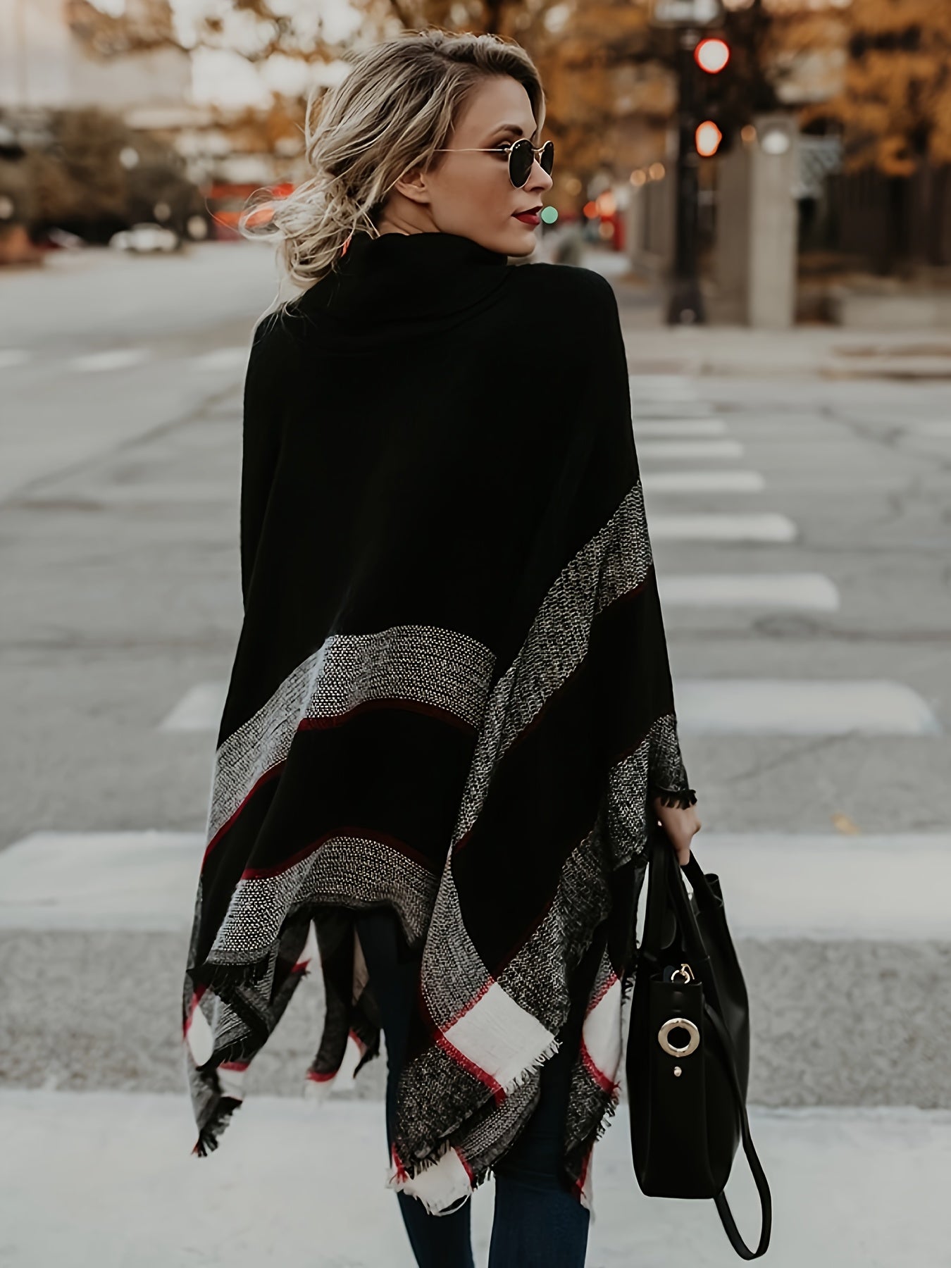 Plus Size Women's Acrylic Plaid Oversized Batwing Sweater Coat Autumn Winter Casual Layering