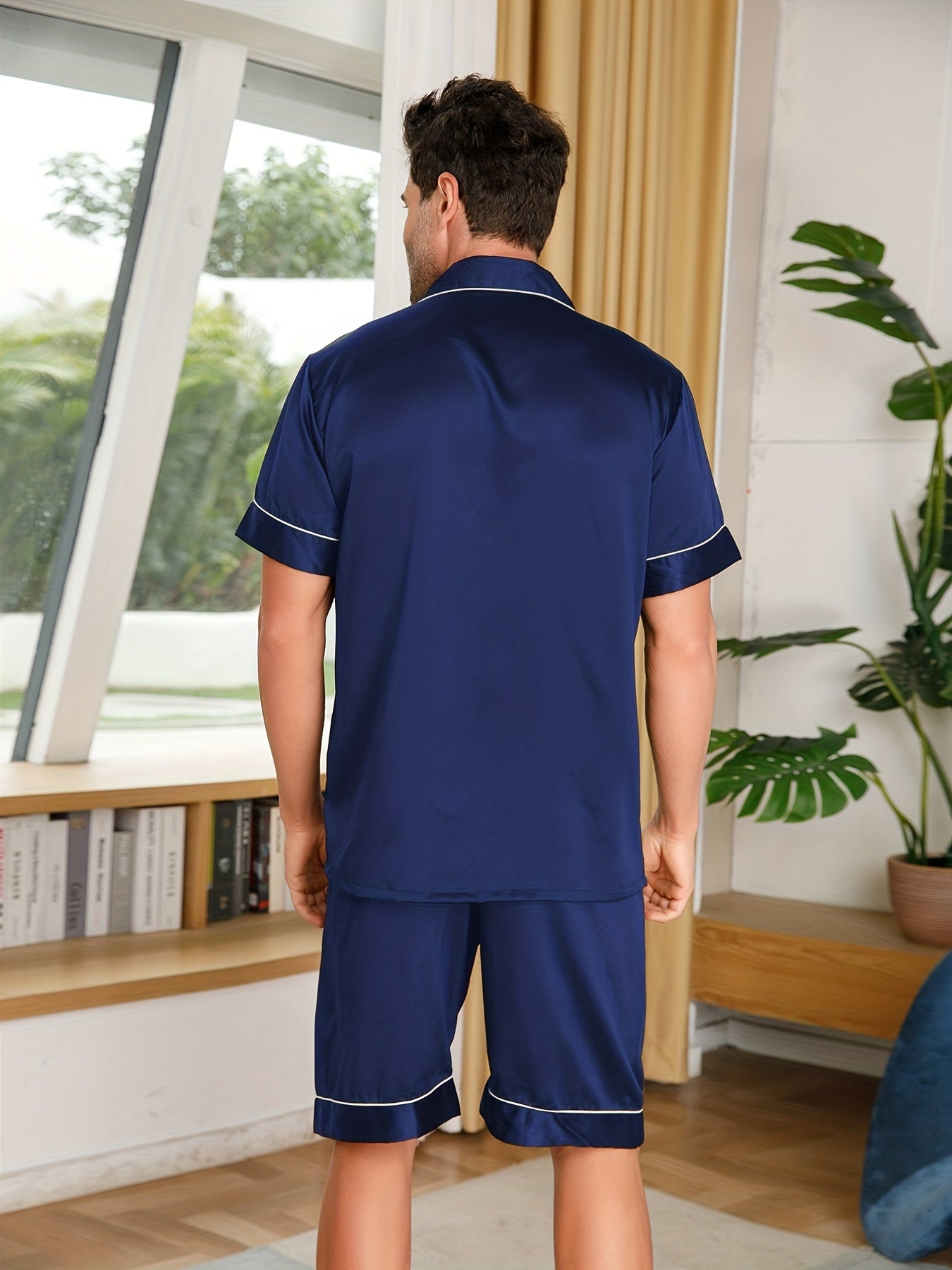 Men's Polyester Short Sleeve Pajama Sets with Shorts V-Neck Casual Loungewear