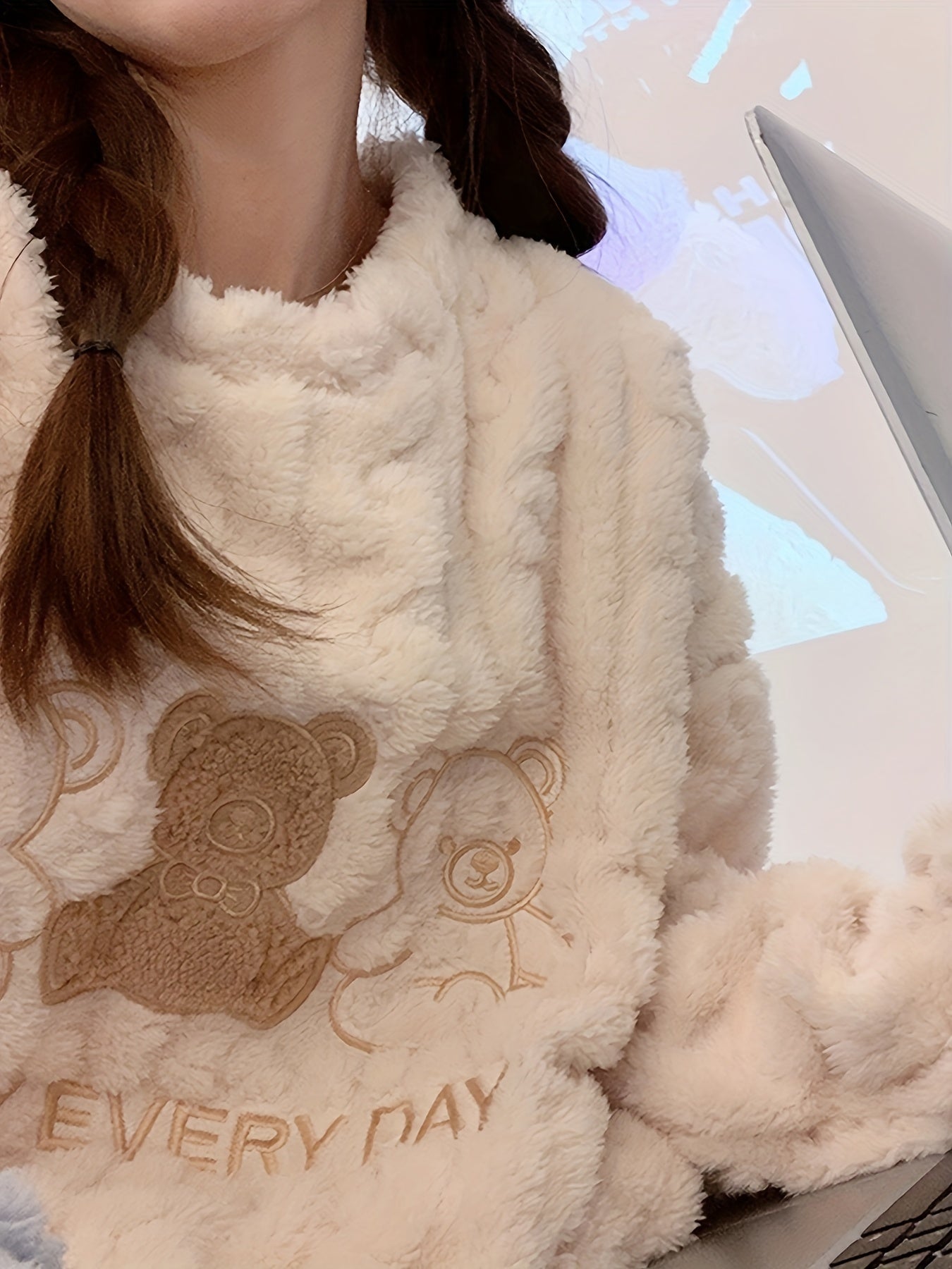 Women's Bear Print Fuzzy Pajama Set with Long Sleeve Top and Pants for Sleepwear and Loungewear