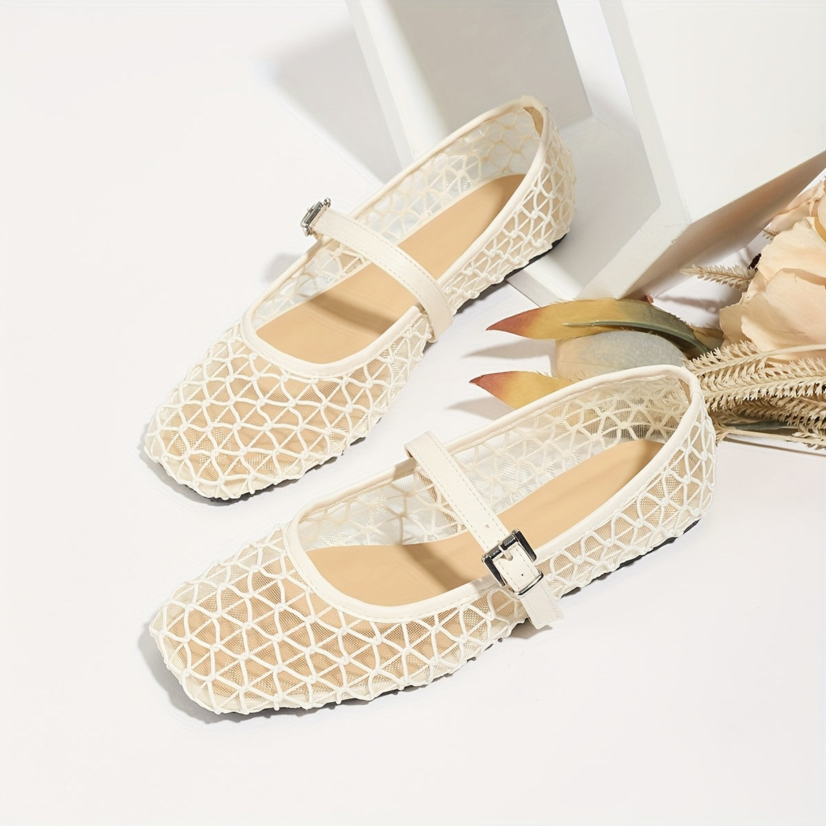 Zapatos de ballet de malla transpirable para mujer con punta cuadrada