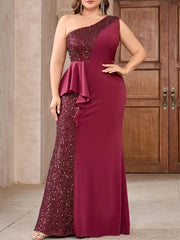 Women Sequin Off-Shoulder Gown Satin High Slit Formal Dress
