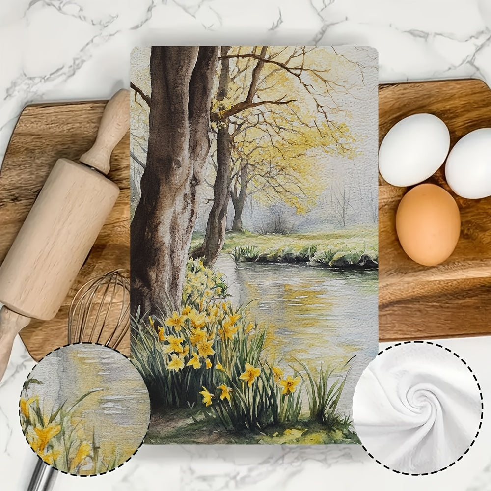 Juego de 2 toallas de cocina Spring Morning con árboles amarillos y narcisos absorbentes