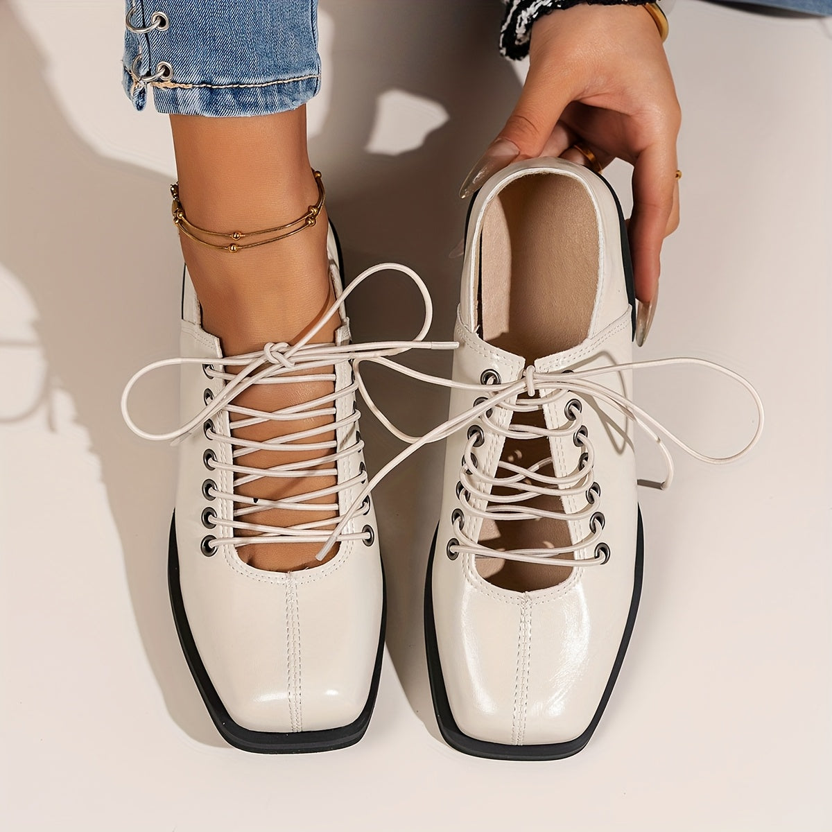 Women's Square Toe Block Heel Ankle Boots Black Leather Lace-Up Mid-Calf Stylish