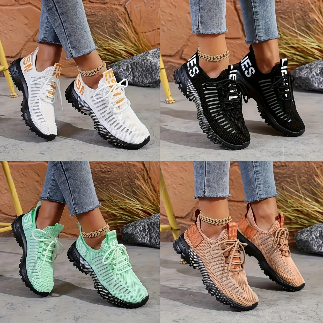 Women's Breathable Lightweight Knit Sneakers, Slip-Resistant PU Sole, Orange Accents