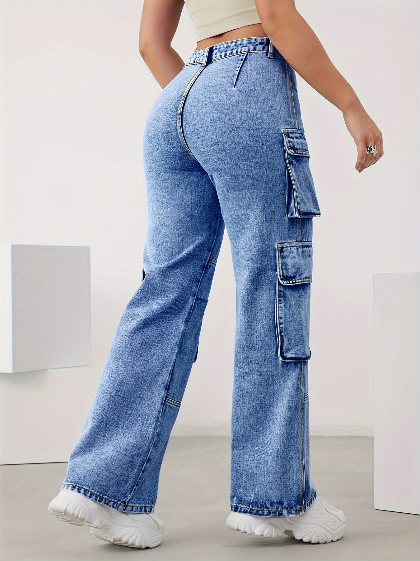 Jeans cargo de talle alto para mujer talla plus con múltiples bolsillos y denim elástico