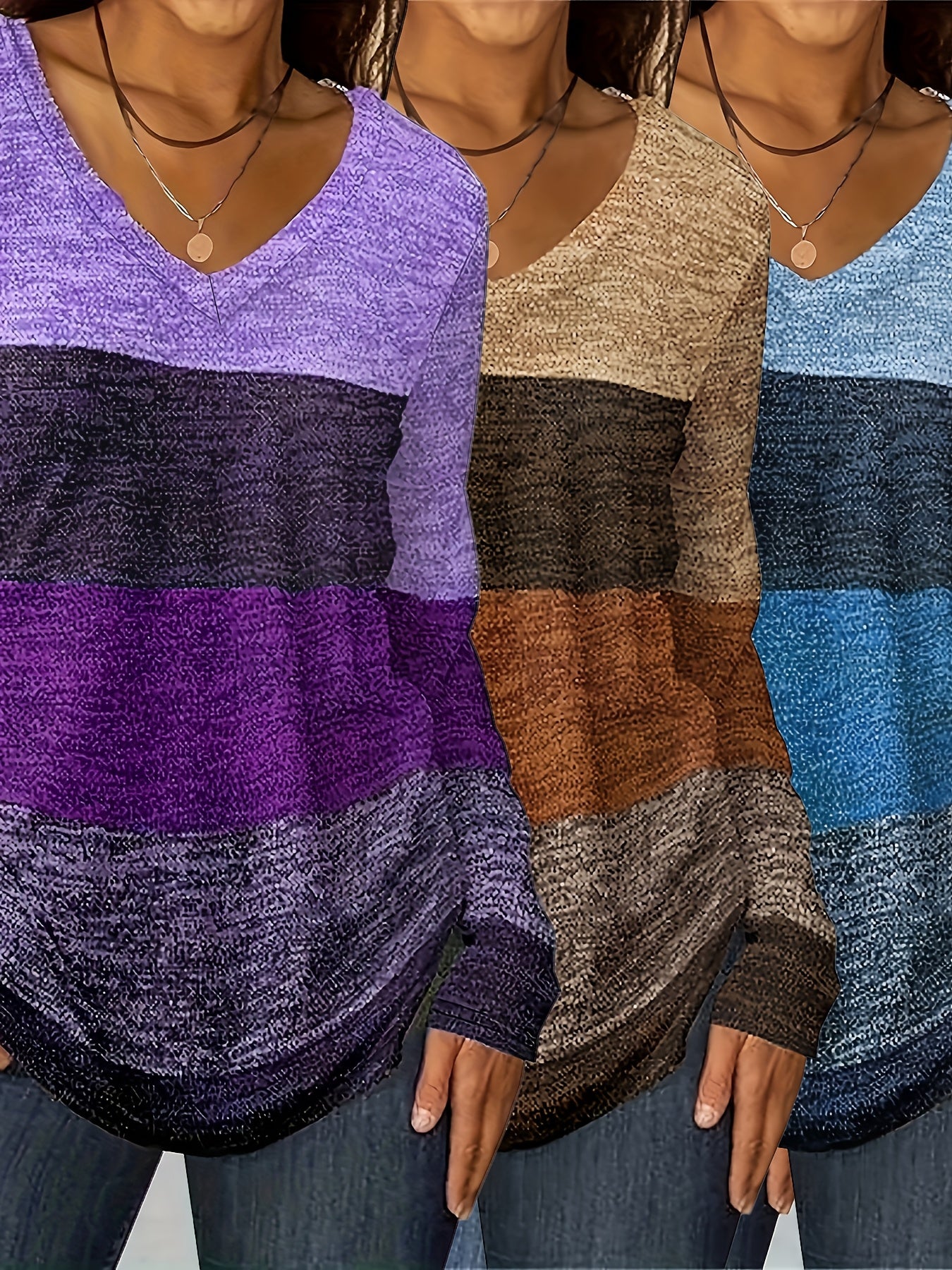 Women's Plus Size Color Block V-Neck Polyester Knit T-Shirts Long Sleeve Pullover