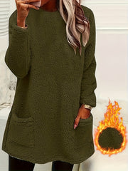 Women's Fleece Lounge Top with Pockets Crew Neck Fall Winter Solid