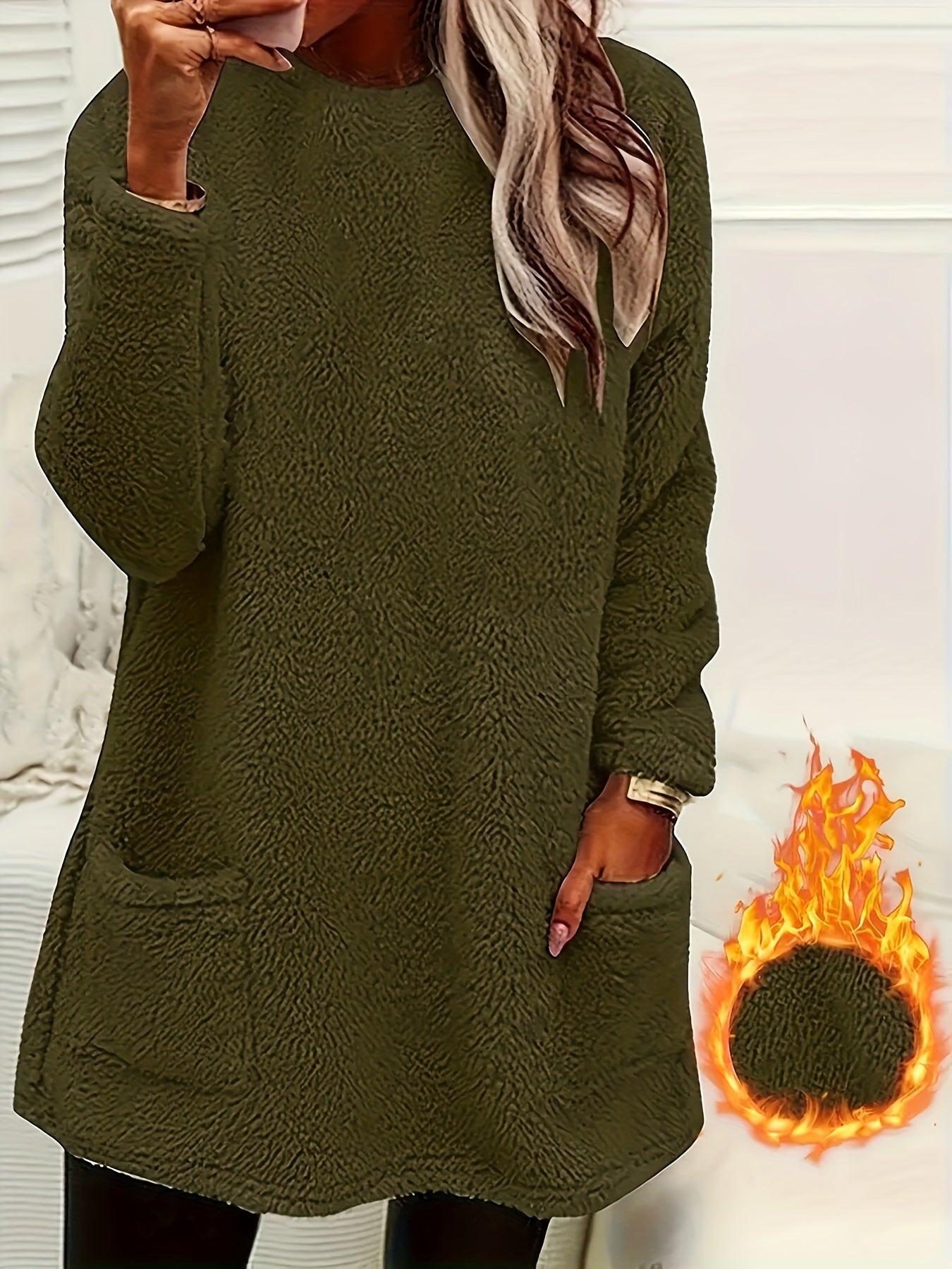 Women's Fleece Lounge Top with Pockets Crew Neck Fall Winter Solid