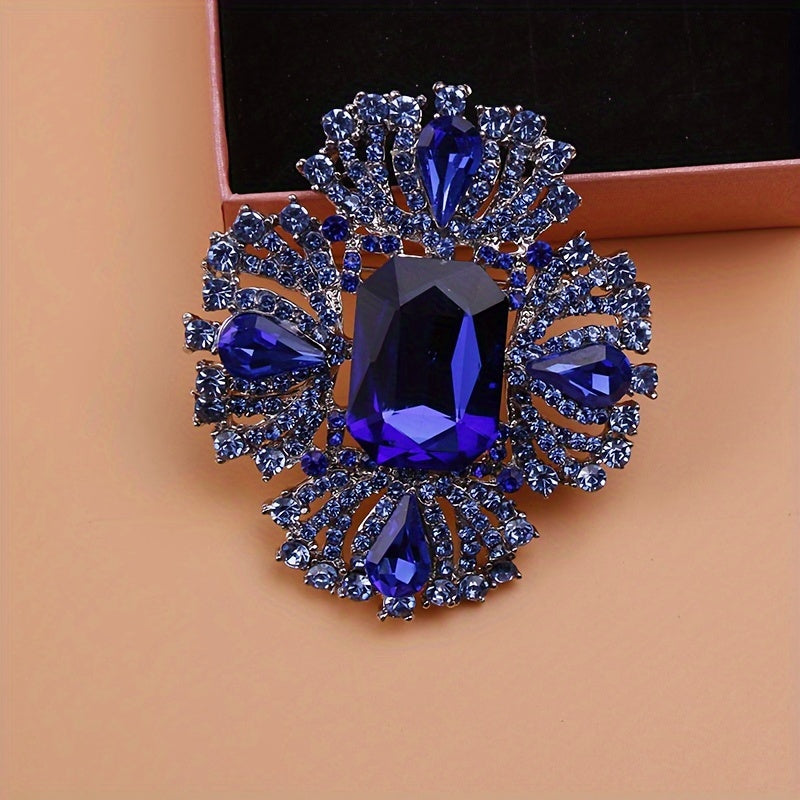 Sapphire Blue Crystal Brooch for Women Glass Rhinestone Fashion Pin for Dresses