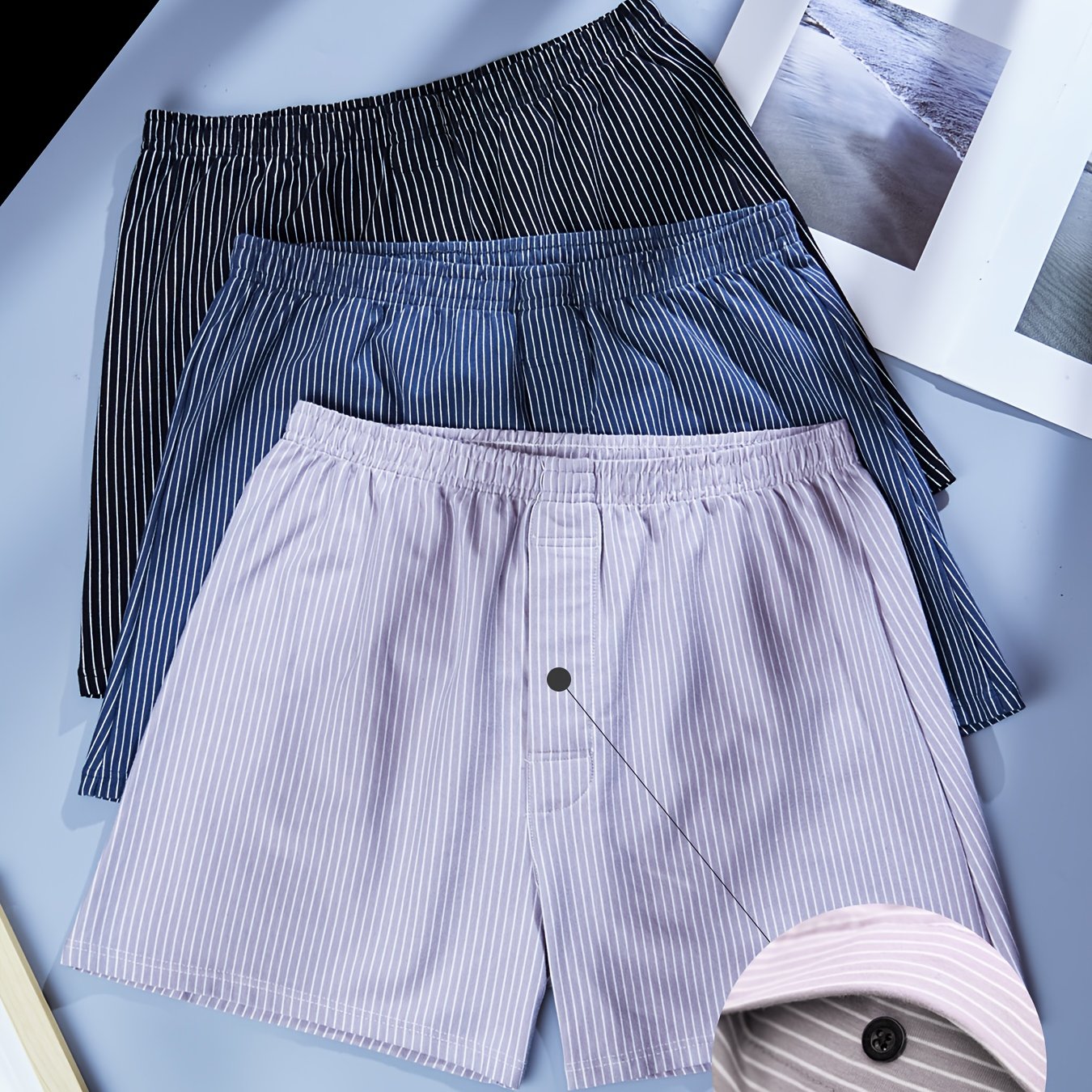 Men's Cotton Boxer Shorts 3-Pack High Stretch Knit Striped Regular Fit with Button
