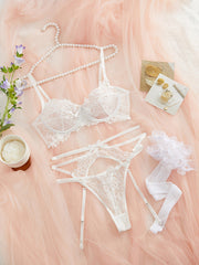 Women's Floral Lace Lingerie Set Bra Thong Garter Belt Stockings