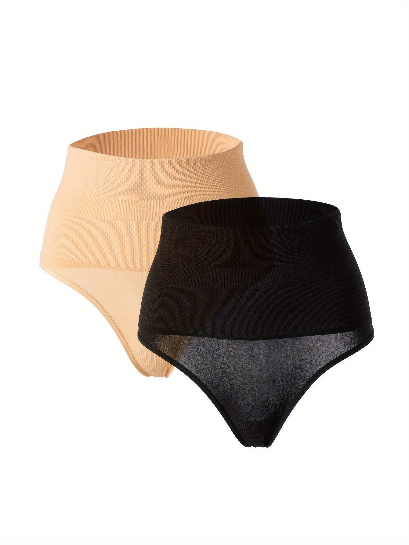 High-Waisted Geometric Knit Shapewear Thong for Women Tummy Tuck Butt Lift Black Skin Tone
