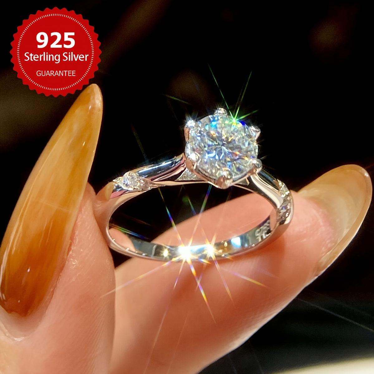 Anillo de compromiso de moissanita de 1 quilate en plata de ley para mujer