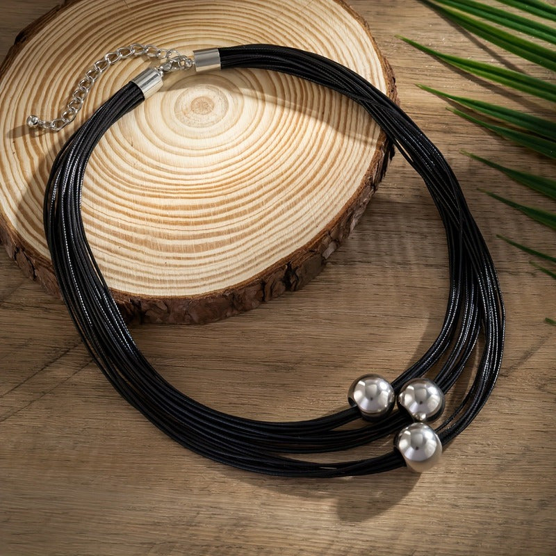 Black Beaded Necklace with Multilayer Design and Metallic Spherical Accents for Parties