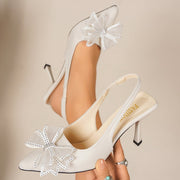 Women Black Pointed-Toe Heels with Bow Rhinestones Dress Pumps