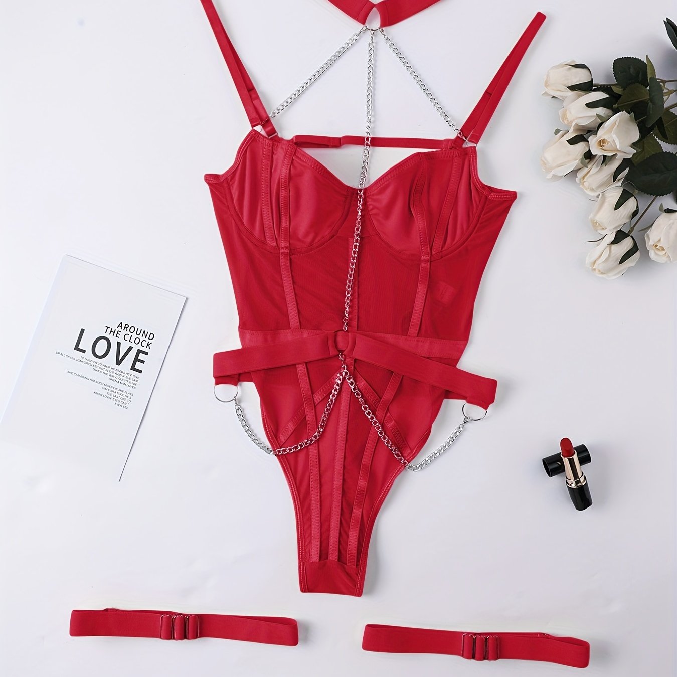 Women's Mesh Halter Teddy with Chain Backless Thong Lingerie