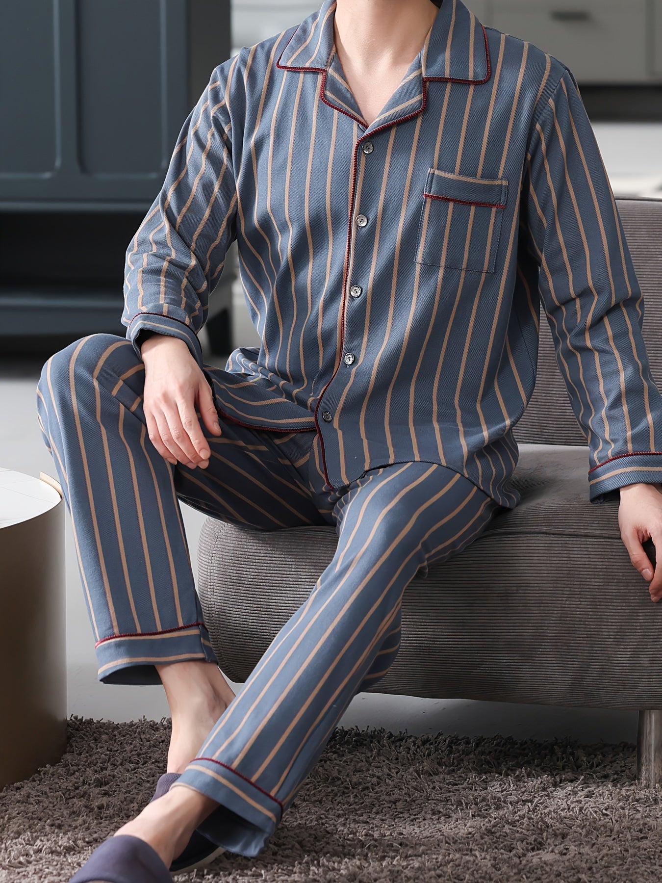 Men's Cotton Striped Pajama Set Long Sleeve Lapel Shirt Elastic Waist Pants Lounge Sleepwear