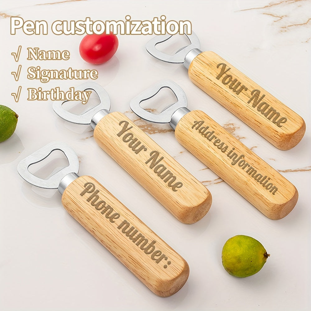 Personalized Stainless Steel Beer Bottle Opener with Wooden Handle for Gifts and Events