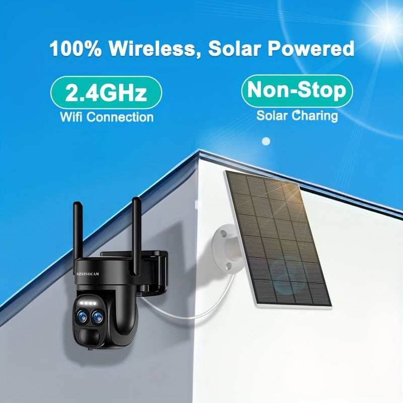 SZSINOCAM quyosh energiyasidan ishlaydigan xavfsizlik kamerasi, ikki linzali, 8X zoom, 360° pan-tilt, ikki tomonlama audio, yoritgich va sirena, PIR harakatni aniqlash, tashqi kuzatuv uchun ob-havoga chidamli dizayn.