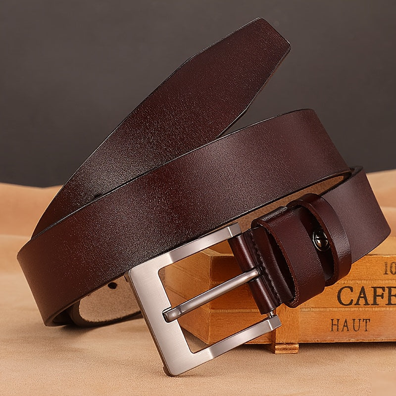 Genuine Leather Belt with Large Needle Buckle for Men Black Casual Cowhide