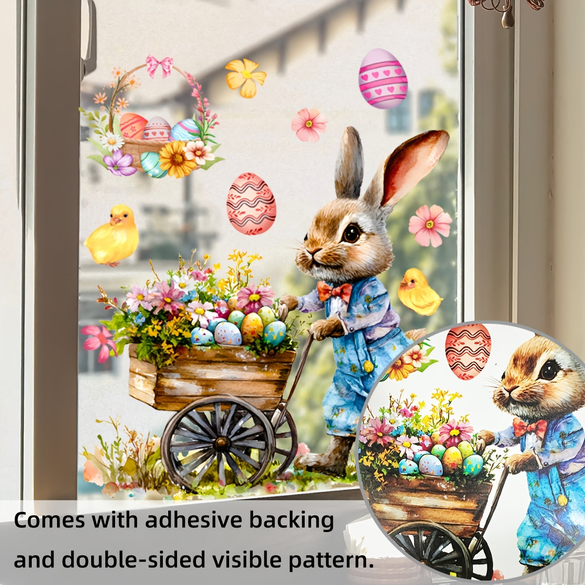 Easter Bunny and Chick Window Cling Decal 30.48cm PVC Self-Adhesive Floral Egg Decor