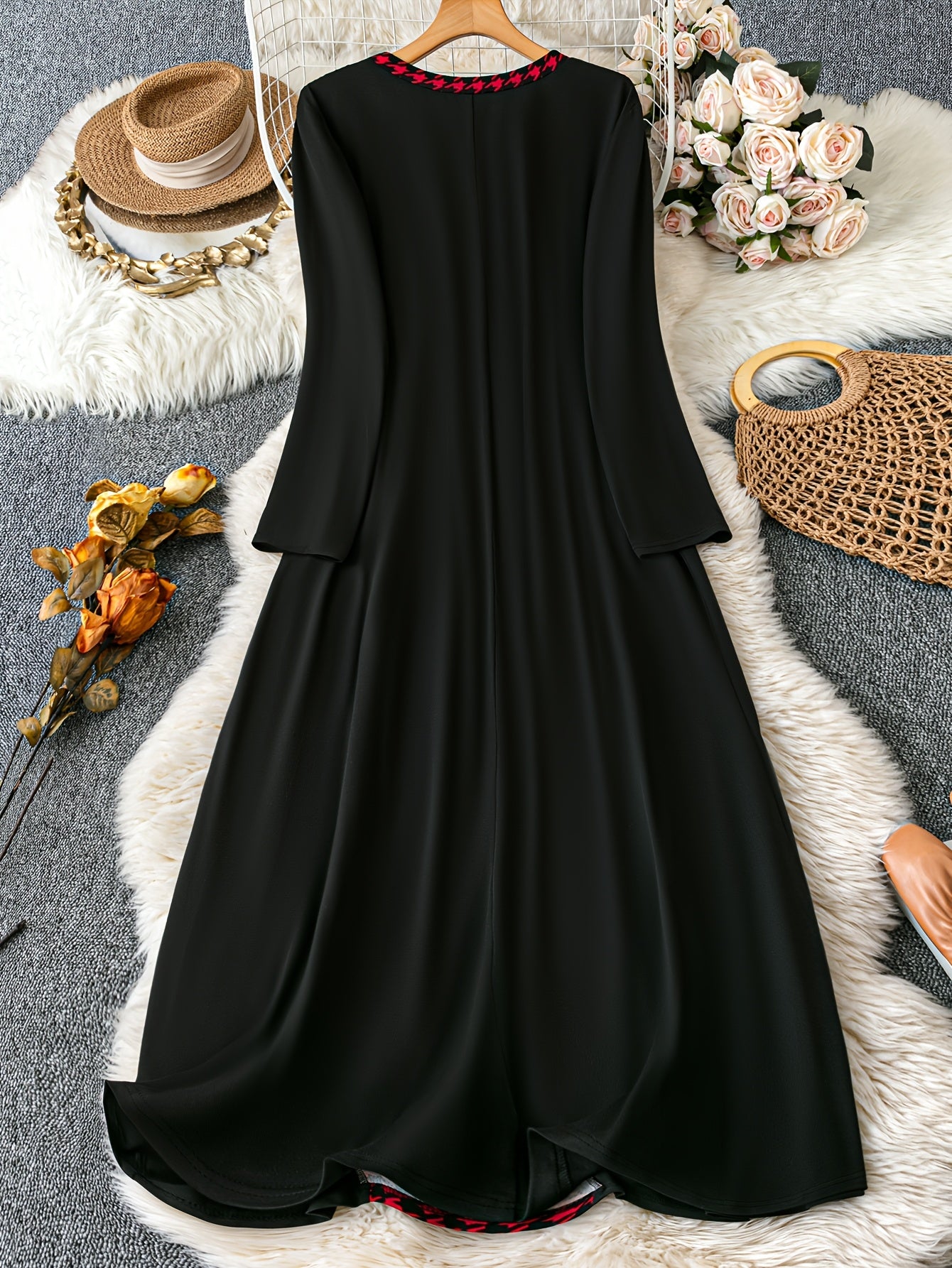 Women's Houndstooth Long Dress Black Red Asymmetrical Hem Round Neck Polyester Blend Spring Summer