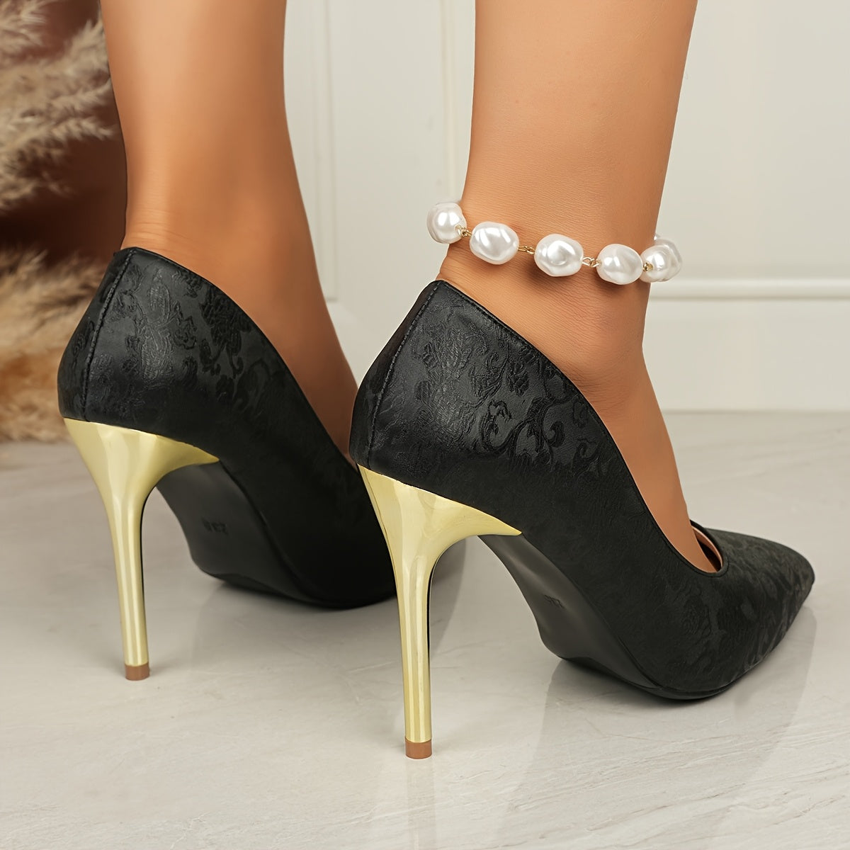 Women's Black Floral Embossed Pointed Toe High Heels with Gold Accents