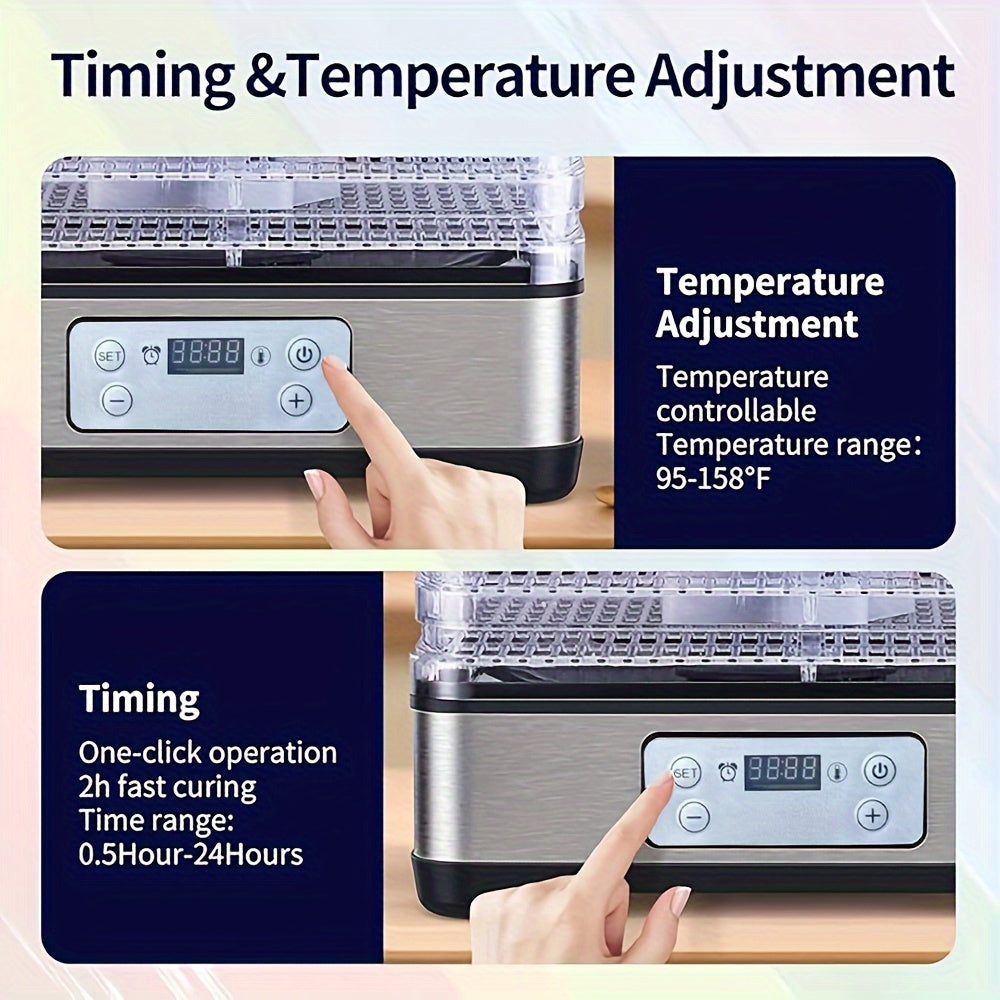 5 ta katta choyshab bilan Smart Food Dehydrator - sozlanadigan harorat, 24 soatlik taymer, o'tlar, mevalar, sabzavotlar va go'shtni quritish uchun ideal - EU rozetkasi, zanglamaydigan po'lat, qishki foydalanish uchun.