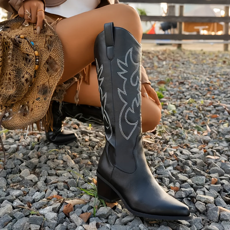 Women's Black Leather Pointed Mid-Calf Boots Western Style Music Festival