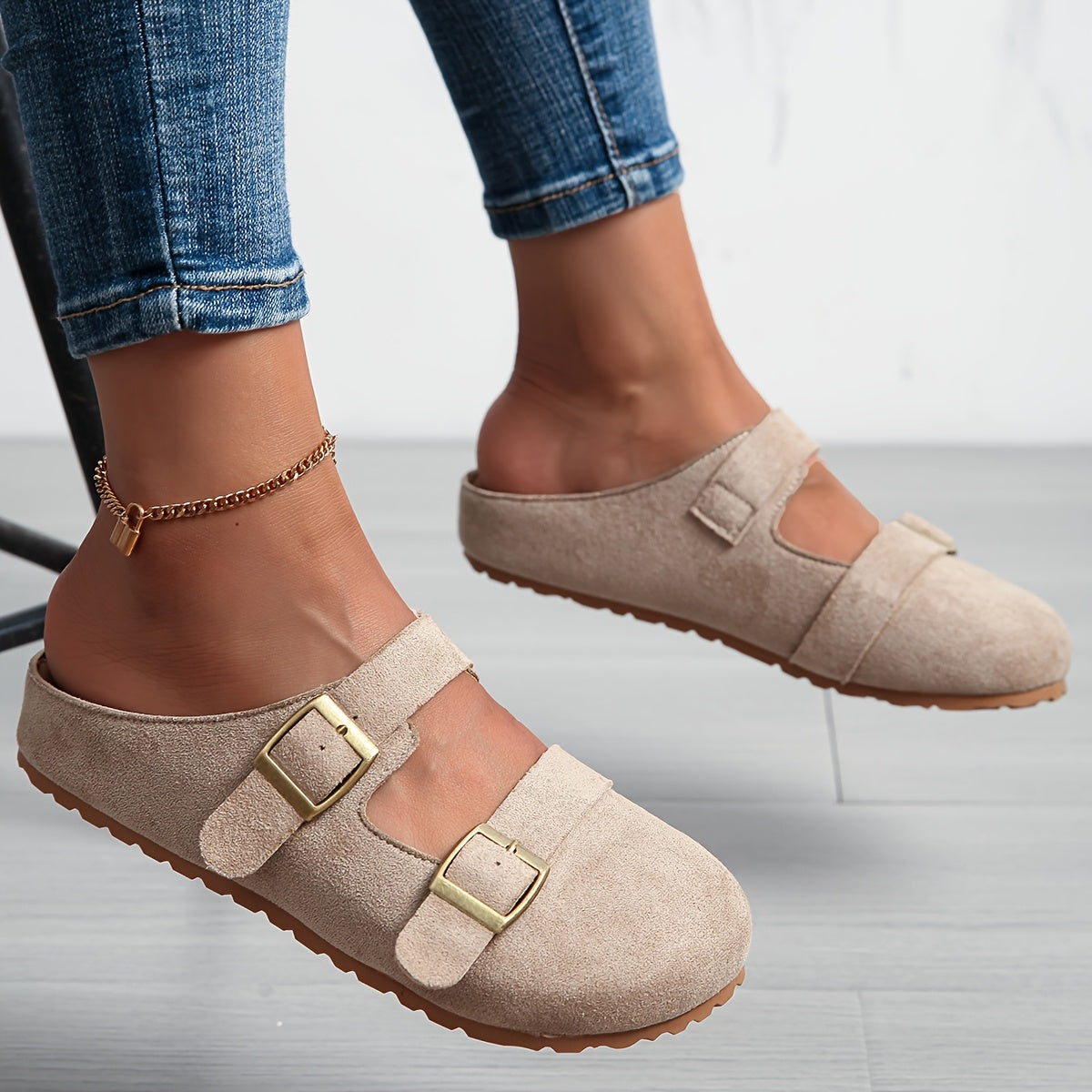 Women's Pink Slip-On Mules with EVA Sole and Gold Buckle Straps