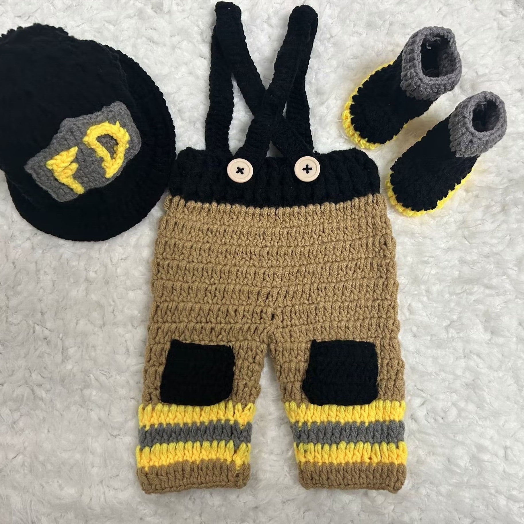 Set of 3 Firefighter-Inspired Newborn Baby Photography Props Crochet Hat Overalls Boots
