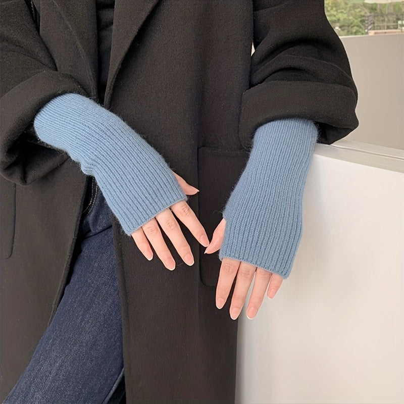 Solid Color Knitted Fingerless Gloves Touch Screen Compatible Warmth