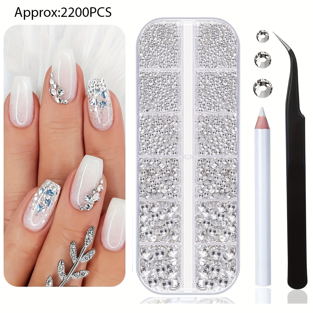 White Rhinestone Set 2200 Pieces with Storage Box for Nails Art Crafts and Jewelry