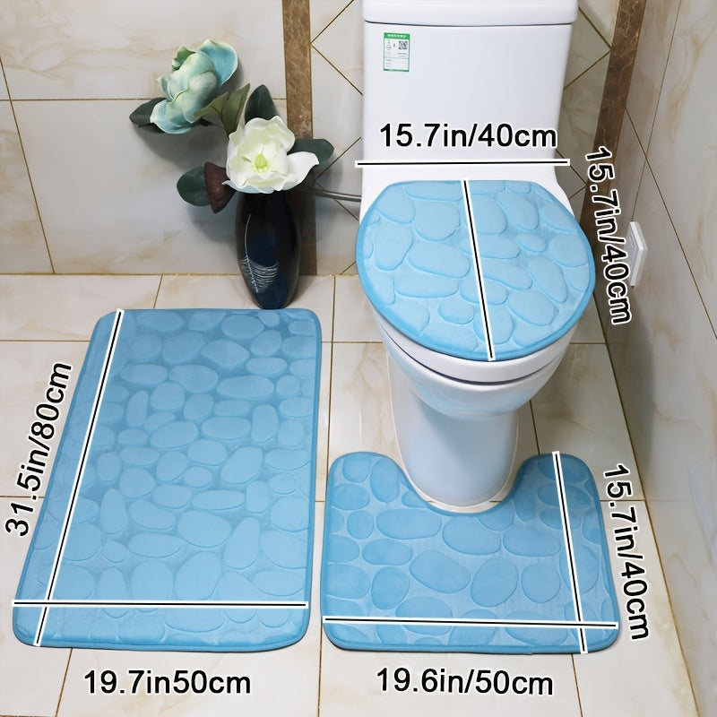 Set of 3 Plush Water-Absorbent Bath Mats with Non-Slip Rugs and Floral Design