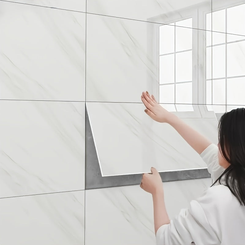 32 pieces of 3D marble pattern self-adhesive wall tiles, waterproof PVC, glossy finish, contemporary style, easy to apply and washable. Can be used for kitchen, living room, and bathroom