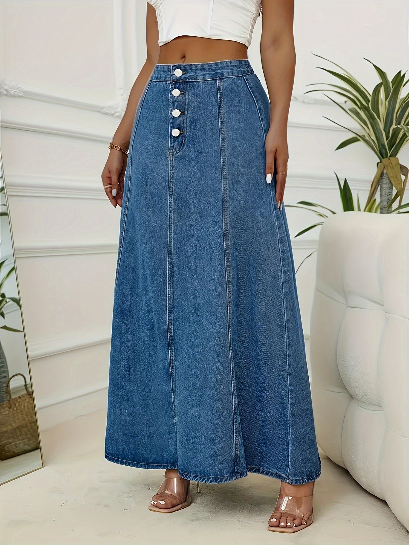Plus Size Washed Blue High Rise Maxi Denim Skirt for Fall Casual Flared Style
