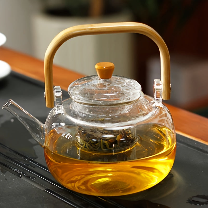 Glass Teapot with Bamboo Handle and Removable Infuser 34oz Heat-Resistant Borosilicate