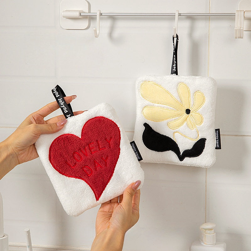 Koral Fleece qo‘l sochiq to‘plami, yurak gul naqshli, tez quriydigan, namlikni yutuvchi, oshxona va hammom uchun