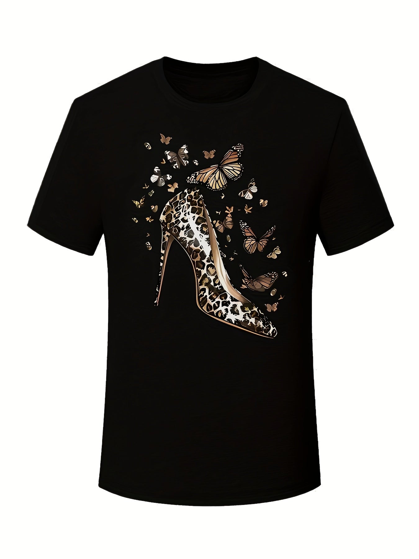 Plus Size Women's Short Sleeve T-Shirt Geometric High Heel Butterfly Print Crew Neck Asymmetrical Polyester Knit