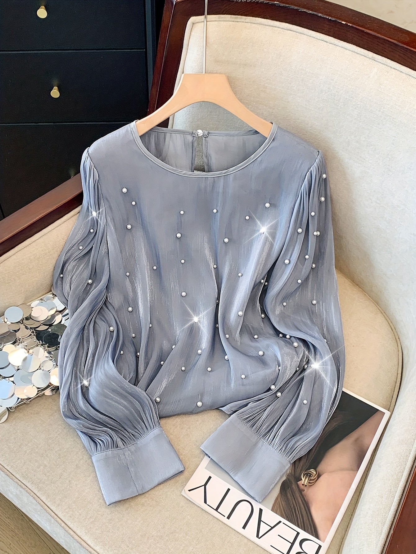 Women's Beaded V-Neck Blouse Long Sleeve Polyester Elegant French Style for Spring Fall Events