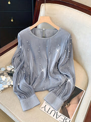 Women's Beaded V-Neck Blouse Long Sleeve Polyester Elegant French Style for Spring Fall Events