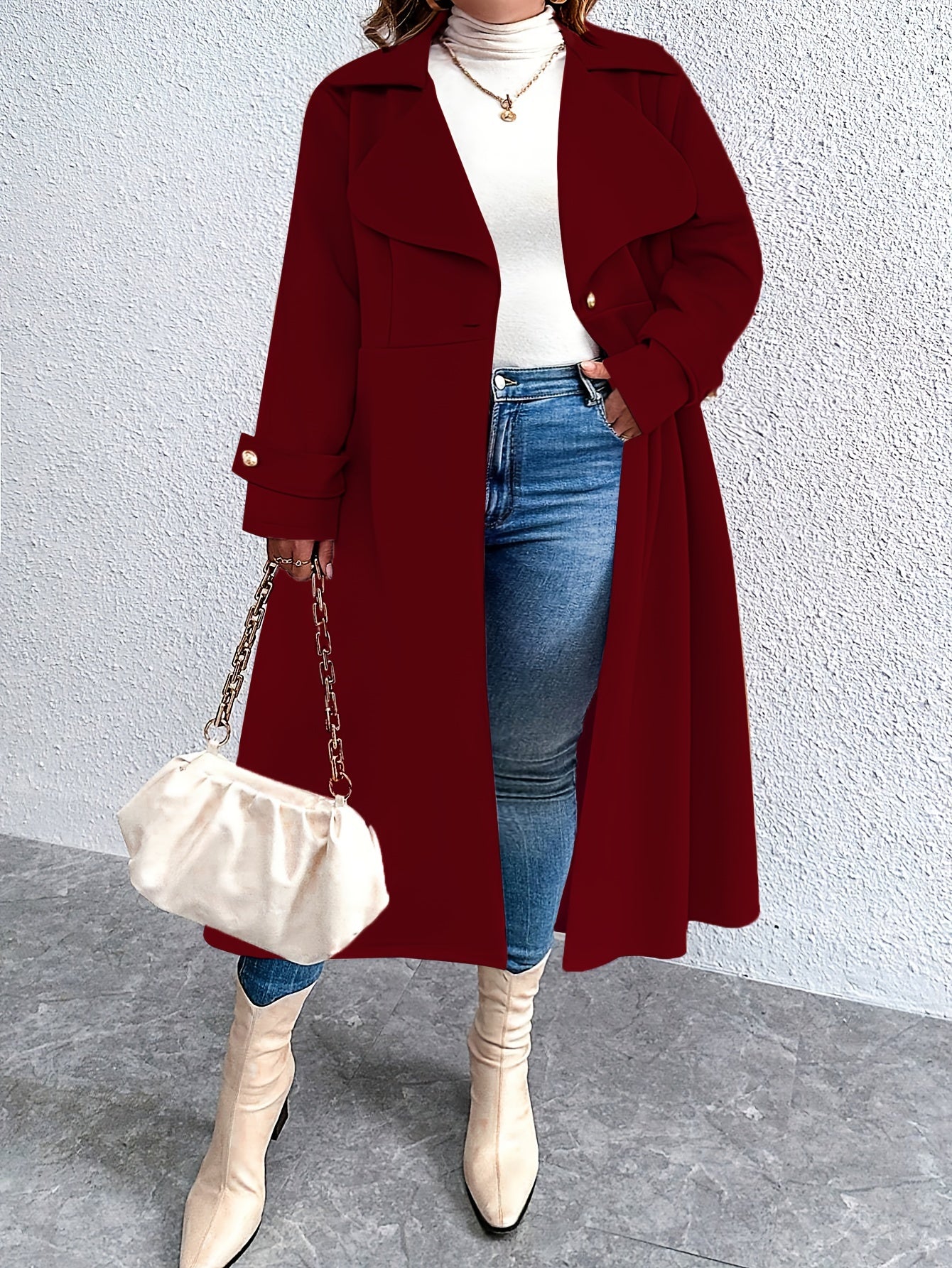 Пальто большого размера с длинной линией, с застежкой на пуговицы и вырезом-отложным воротником для осени и зимы