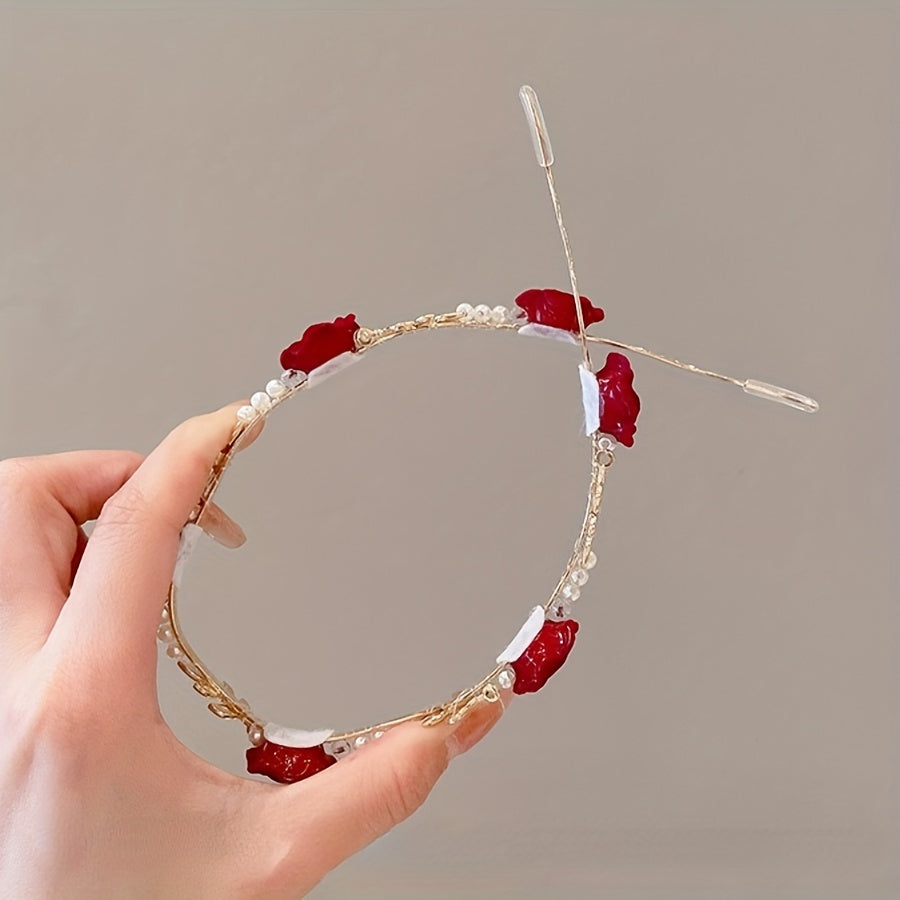 Розовая повязка с искусственными жемчужинами для женщин и девочек, винтажный свадебный аксессуар для вечеринки