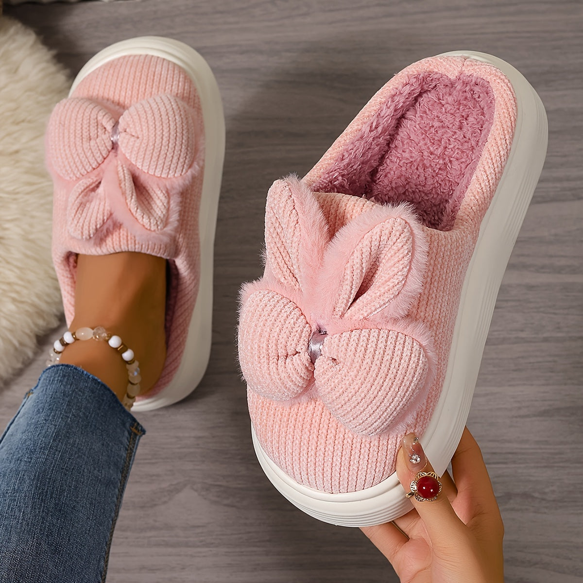 Women's Fleece-Lined Warm Slippers Non-Slip Indoor with Bows