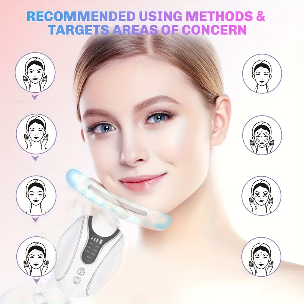 Oq qayta zaryadlanadigan yuz va bo'yin massajeri, bir nechta rejimlar, USB zaryadlash, litiy batareya va uyda foydalanish uchun ergonomik dizayn bilan. Yumshoq yostiqli sirt va bo'yin massaji kamarini o'z ichiga oladi.