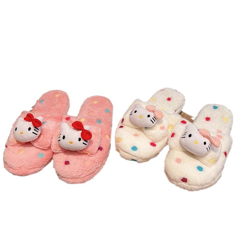 Women's Plush Polka Dot Slippers with Red Bows Fleece Lining Indoor House Shoes