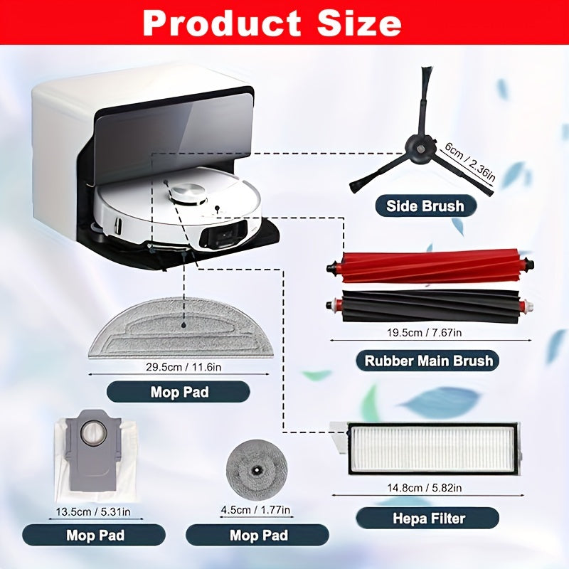 S8 Maxv Ultra uchun robot tozalovchi aksessuarlar 2 ta asosiy cho'tka, 6 ta yon cho'tka, 4 ta filtr, 4 ta chang sumkasi va 8 ta matodan iborat. Plastik materialdan tayyorlangan, batareya talab qilinmaydi.