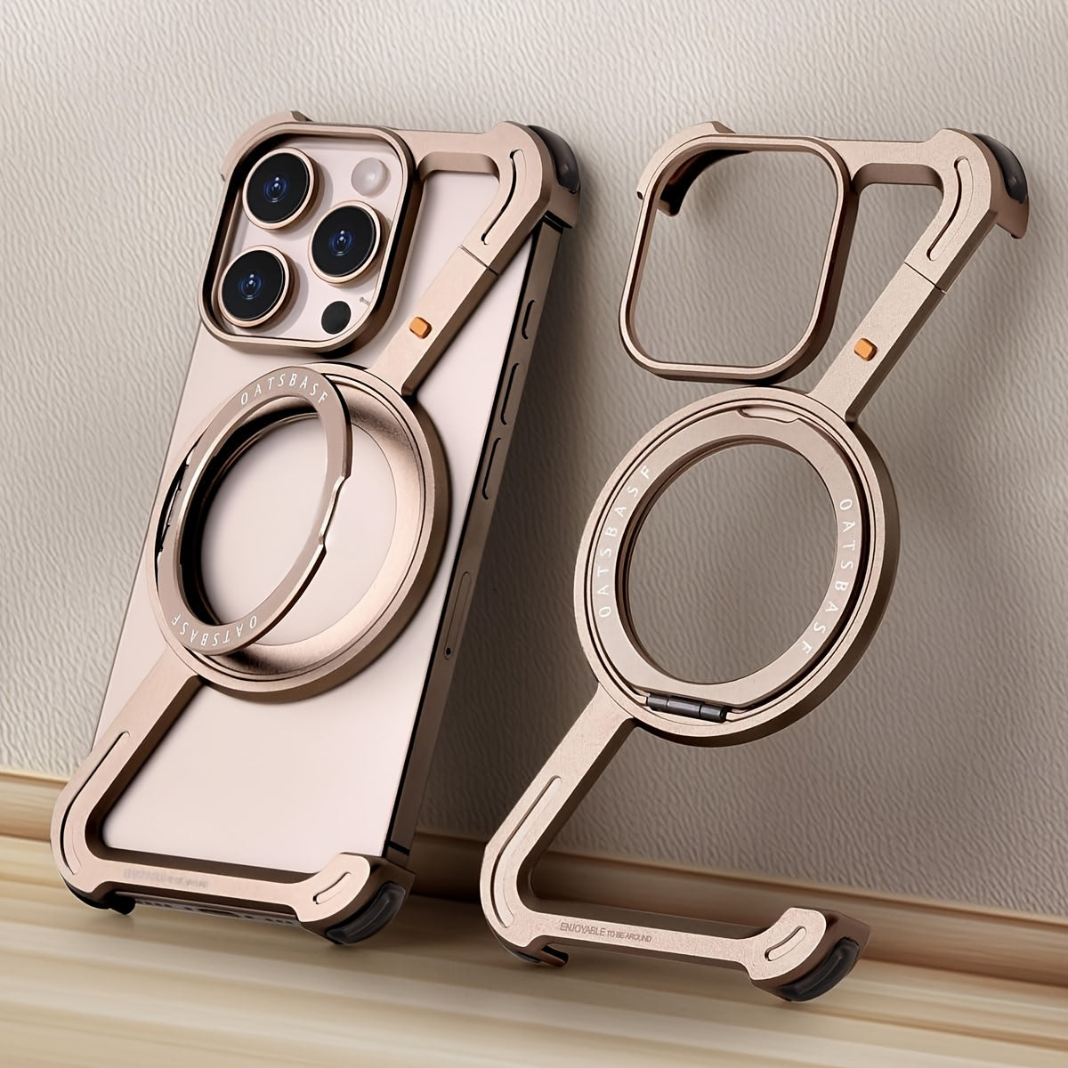 Aviation Aluminum Gold Phone Case for iPhone 13-16 Wireless Charging Magnetic Stand Durable Lightweight